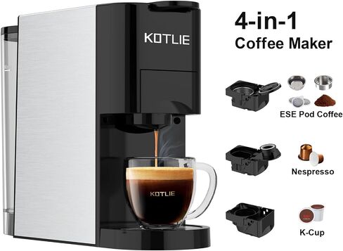 KOTLIE Espresso Machine,Set volume freely,4 in 1 Single Serve Coffee Maker for Nespresso original/K cup/Coffee Powder/illy 44mm ESE coffee,19Bar Espresso Maker in Saudi Arabia
