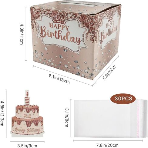 صندوق هدايا عيد ميلاد سعيد مع ملصقات DIY لأي عمر - صندوق هدايا نقدي لحفلات أعياد الميلاد باللون الوردي مع بطاقة سحب للنساء والفتيات in Kuwait