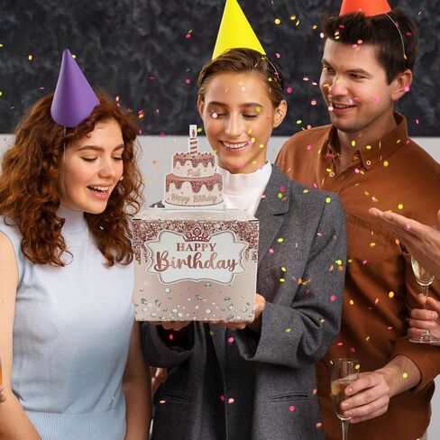 صندوق هدايا عيد ميلاد سعيد مع ملصقات DIY لأي عمر - صندوق هدايا نقدي لحفلات أعياد الميلاد باللون الوردي مع بطاقة سحب للنساء والفتيات in Kuwait