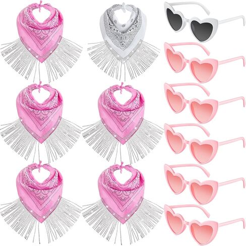 12 Pcs Cowgirl Bachelorette Bandanas Disco Fringed Bandana Fringe White Pink Headband Disco Bachelorette Party Decorations Sunglasses Heart Shaped Sunglasses for Bride Bridesmaid in Saudi Arabia