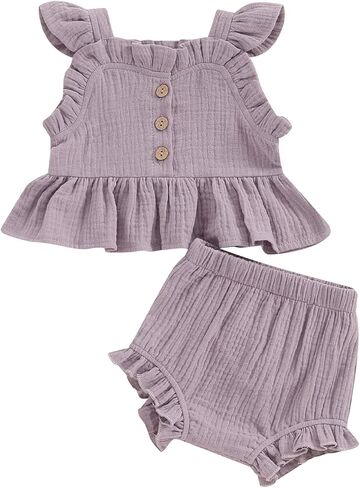 DuAnyozu Infant Toddler Baby Girl Shorts Outfit Solid Ruffle Sleeve T-Shirt Tops and Ruffle Shorts 2PCS Summer Clothes Set in Saudi Arabia