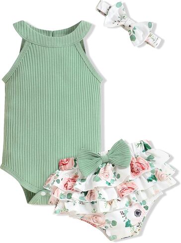 oklady Baby Girl Clothes Romper Top Floral Short with Headband Cute Summer Baby Girl Outfits 3Pcs Clothing Sets in Saudi Arabia