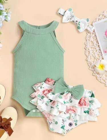 oklady Baby Girl Clothes Romper Top Floral Short with Headband Cute Summer Baby Girl Outfits 3Pcs Clothing Sets in Saudi Arabia