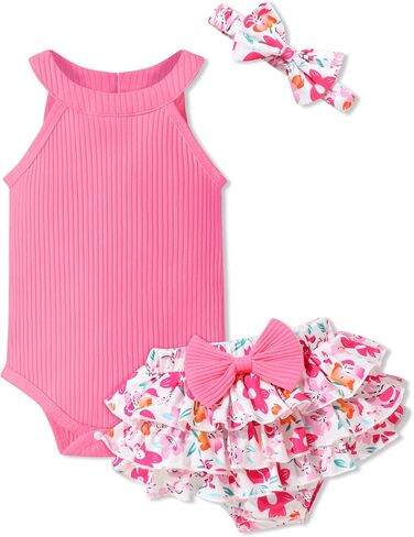 oklady Baby Girl Clothes Romper Top Floral Short with Headband Cute Summer Baby Girl Outfits 3Pcs Clothing Sets in Saudi Arabia