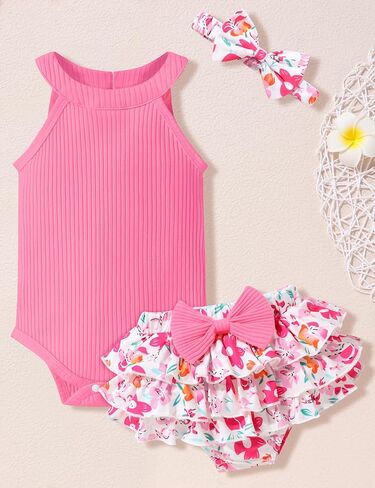 oklady Baby Girl Clothes Romper Top Floral Short with Headband Cute Summer Baby Girl Outfits 3Pcs Clothing Sets in Saudi Arabia