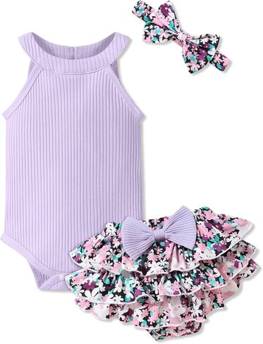 oklady Baby Girl Clothes Romper Top Floral Short with Headband Cute Summer Baby Girl Outfits 3Pcs Clothing Sets in Kuwait