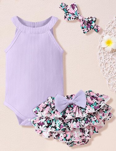 oklady Baby Girl Clothes Romper Top Floral Short with Headband Cute Summer Baby Girl Outfits 3Pcs Clothing Sets in Kuwait