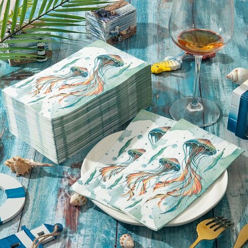 Homlouue 100 PCS Summer Napkins Jellyfish Napkins Disposable 3 Ply, Summer Paper Hand Towels for Bathroom, Sea Napkins Disposable Decorative for Dinner Kitchen Beach Holiday, Summer Paper Guest Towels in Saudi Arabia