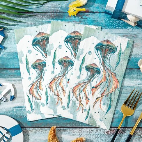 Homlouue 100 PCS Summer Napkins Jellyfish Napkins Disposable 3 Ply, Summer Paper Hand Towels for Bathroom, Sea Napkins Disposable Decorative for Dinner Kitchen Beach Holiday, Summer Paper Guest Towels in Saudi Arabia