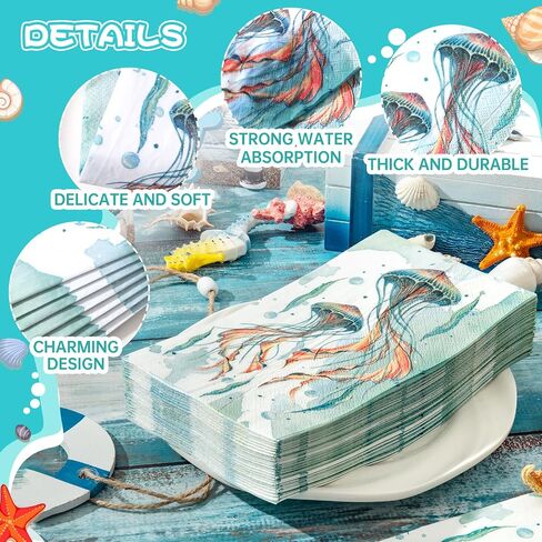 Homlouue 100 PCS Summer Napkins Jellyfish Napkins Disposable 3 Ply, Summer Paper Hand Towels for Bathroom, Sea Napkins Disposable Decorative for Dinner Kitchen Beach Holiday, Summer Paper Guest Towels in Saudi Arabia