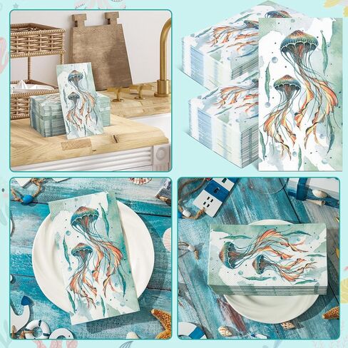 Homlouue 100 PCS Summer Napkins Jellyfish Napkins Disposable 3 Ply, Summer Paper Hand Towels for Bathroom, Sea Napkins Disposable Decorative for Dinner Kitchen Beach Holiday, Summer Paper Guest Towels in Saudi Arabia