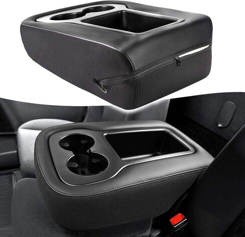 غطاء مسند ذراع لوحدة التحكم المركزية KBH لسيارة Chevy Tahoe، Suburban، Silverado، GMC Sierra، Yukon 1500 2500 3500 2007-2014، مقعد القفز، جلد مع قماش، غطاء مسند للذراع بتصميم سحاب، أسود in Kuwait