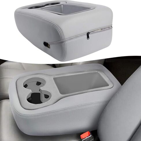 غطاء مسند ذراع لوحدة التحكم المركزية KBH لسيارة Chevy Tahoe، Suburban، Silverado، GMC Sierra، Yukon 1500 2500 3500 2007-2014، مقعد القفز، جلد مع قماش، غطاء مسند للذراع بتصميم سحاب، أسود in Kuwait