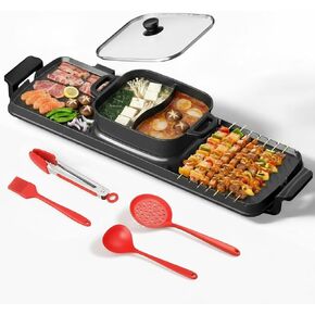 2250W Electric Grill and Hot Pot Combo, 29 x 9.5 Inch Smokeless Indoor BBQ Grill with Easy to Clean, Dual Zone Temperature Control, Includes Food Tongs, Oil Brush, Soup Spoon, Strainer Black in Saudi Arabia