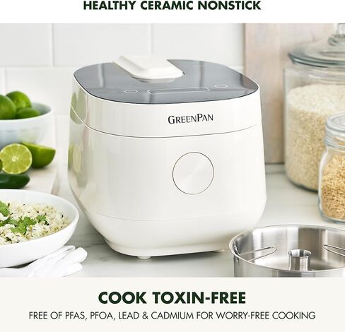 GreenPan Rice Cooker, 8 Cups Cooked (4 Uncooked), Low-Carb & Soup Mode,10 ONE-TOUCH Cooking Presets, PFAS-Free Ceramic Steamer Basket, Fuzzy Logic, Auto Keep Warm, Oats, 24HR Delay Timer, Cream in Saudi Arabia