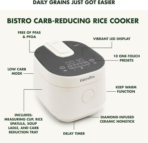 GreenPan Rice Cooker, 8 Cups Cooked (4 Uncooked), Low-Carb & Soup Mode,10 ONE-TOUCH Cooking Presets, PFAS-Free Ceramic Steamer Basket, Fuzzy Logic, Auto Keep Warm, Oats, 24HR Delay Timer, Cream in Saudi Arabia