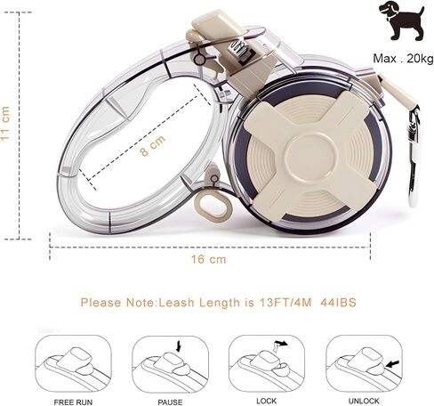 13 ft Tangle-Free Retractable Dog Leash with One-Handed Brake, Strong Nylon Tape & Transparent Shell for Small & Medium Dogs up to 44 lbs in Saudi Arabia