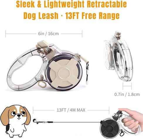 13 ft Tangle-Free Retractable Dog Leash with One-Handed Brake, Strong Nylon Tape & Transparent Shell for Small & Medium Dogs up to 44 lbs in Saudi Arabia