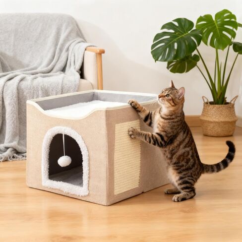 Cat Cave for Pet Cat House with Fluffy Ball Hanging and Scratch Pad A Foldable Cat Bed Suitable for Use in All Seasons Front Circular Opening（Khaki） in Saudi Arabia