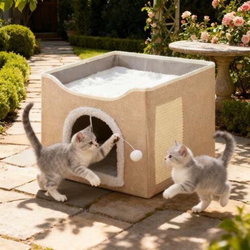 Cat Cave for Pet Cat House with Fluffy Ball Hanging and Scratch Pad A Foldable Cat Bed Suitable for Use in All Seasons Front Circular Opening（Khaki） in Saudi Arabia