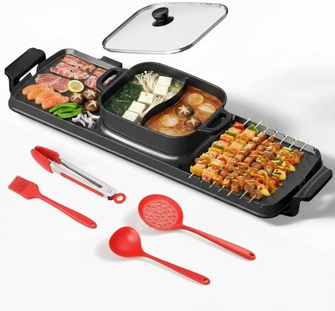 2250W Electric Grill and Hot Pot Combo, 29 x 9.5 Inch Smokeless Indoor BBQ Grill with Easy to Clean, Dual Zone Temperature Control, Includes Food Tongs, Oil Brush, Soup Spoon, Strainer Black in Saudi Arabia