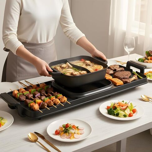 2250W Electric Grill and Hot Pot Combo, 29 x 9.5 Inch Smokeless Indoor BBQ Grill with Easy to Clean, Dual Zone Temperature Control, Includes Food Tongs, Oil Brush, Soup Spoon, Strainer Black in Saudi Arabia