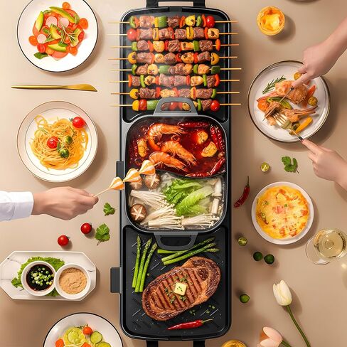 2250W Electric Grill and Hot Pot Combo, 29 x 9.5 Inch Smokeless Indoor BBQ Grill with Easy to Clean, Dual Zone Temperature Control, Includes Food Tongs, Oil Brush, Soup Spoon, Strainer Black in Saudi Arabia