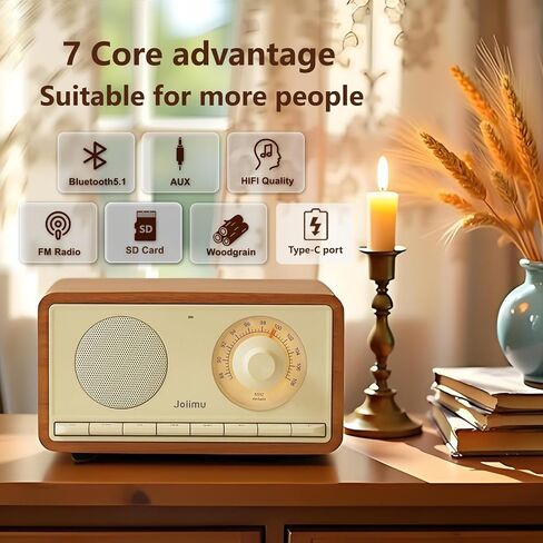 مكبر صوت بلوتوث Radio Vintage ، 2600 مللي أمبير في الساعة راديو قابلة لإعادة الشحن مع هوائي FM مدمج للمطبخ المنزلي وغرفة معيشة مع مقبض دوار in Saudi Arabia