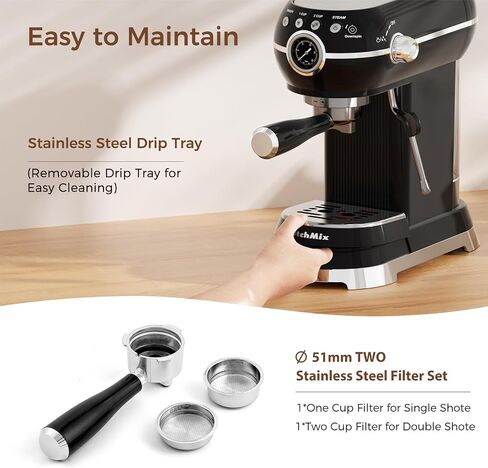 Espresso Machine with Milk Frother ，20 Bar Stainless Steel Espresso Maker with Milk Frother Steam Wand, Espresso Coffee Machine with Removable Water Tank (Black) in Saudi Arabia