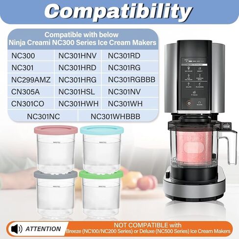 حاويات بديلة لمكاييل وأغطية نينجا كريمي - 4 عبوات، أكواب 16oz متوافقة مع ماكينة صنع الآيس كريم من سلسلة NC301 NC300 NC299AMZ NC290 - خالية من مادة BPA وآمنة للاستخدام في غسالة الأطباق in Kuwait