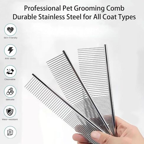 Dog Combs with Rounded Ends Stainless Steel Teeth, Cat Comb for Removing Tangles and Knots, Professional Grooming Tool for Long and Short Haired Dog, Cat and other pets, 7.4IN in Saudi Arabia