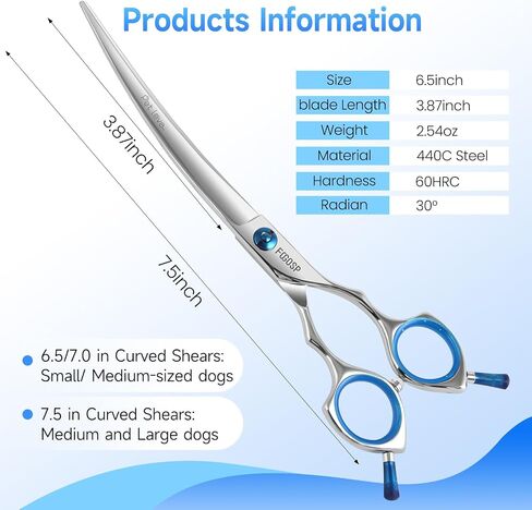 Curved Dog Grooming Scissors 7.5 in Curve Shears for Pet Dogs Cat Japan 440C 30°Arc Upward & Downward Classic Handle for Trimming Face and Paws(7.5, Curved) in Kuwait