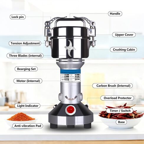750g Electric Grain Grinder, Stainless Steel Dry Mill - for Coffee, Spices, Herbs, Grains & Rice, High-Speed Powder Machine for Kitchen & Commercial Use in Saudi Arabia