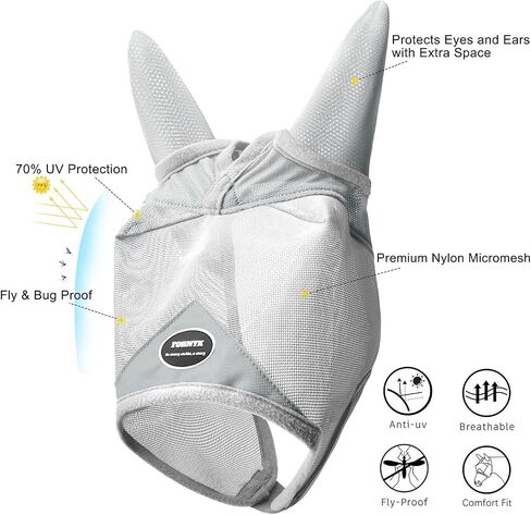 Horse Fly Mask, Adjustable Fly Masks for Horses with Ears, Breathable and 70% UV Protection, Comfort Mesh Without Nose Cover, Horses Accessories (Grey, Blue, Large) in Kuwait