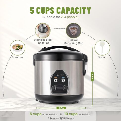 Electric Rice Cooker with One Touch for Asian Japanese Sushi Rice, 5-Cup Uncooked with Stainless Steel Inner Pot, Removable Inner Cover and Steamer, Silver in Kuwait