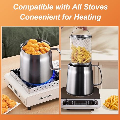 وعاء مقلاة عميقة من الفولاذ المقاوم للصدأ سعة 68oz مع سلة ومصفاة زيت، قلي عميق متعدد الوظائف، موقد صغير للقلي العميق للمطبخ والتخييم، وعاء صب فولاذي للبطاطس المقلية والدجاج (2 لتر) in Kuwait