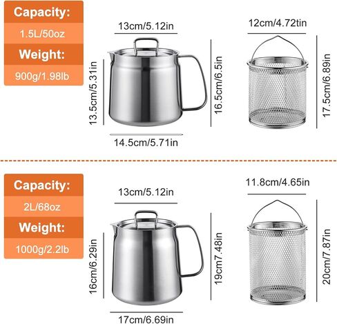 وعاء مقلاة عميقة من الفولاذ المقاوم للصدأ سعة 68oz مع سلة ومصفاة زيت، قلي عميق متعدد الوظائف، موقد صغير للقلي العميق للمطبخ والتخييم، وعاء صب فولاذي للبطاطس المقلية والدجاج (2 لتر) in Kuwait