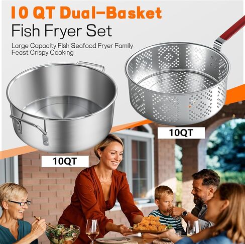 مجموعة مقلاة السمك الخارجية 10 كيو تي من فيرالون، وعاء ألومنيوم عالي التحمل وسلة 10 كيو تي مع حقنة، وقضيب تثبيت، ومقياس حرارة لطهي أجنحة الدجاج، والمأكولات البحرية، والبطاطس المقلية in Kuwait