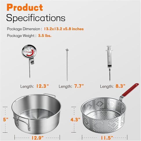 مجموعة مقلاة السمك الخارجية 10 كيو تي من فيرالون، وعاء ألومنيوم عالي التحمل وسلة 10 كيو تي مع حقنة، وقضيب تثبيت، ومقياس حرارة لطهي أجنحة الدجاج، والمأكولات البحرية، والبطاطس المقلية in Kuwait