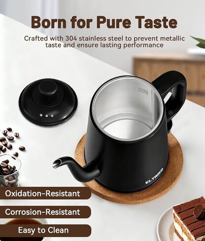 غلاية كهربائية معقوفة، غلاية مياه سعة 1 لتر، صب القهوة والشاي، تسخين سريع 1000 واط، ستانلس ستيل، إيقاف تلقائي وحماية من الغليان الجاف، خالية من مادة BPA (أسود) in Saudi Arabia