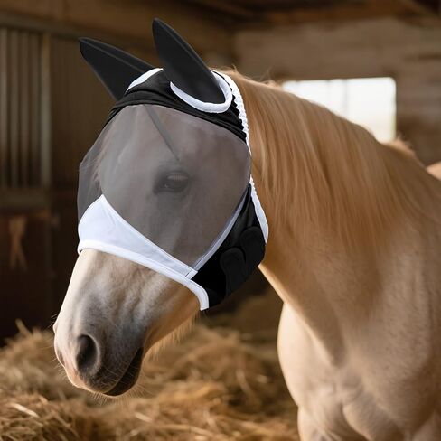 Horse Fly Mask，Adjustable Fly Masks for Horses with Ears，Super Comfort Stretchy | Large Eye Space， Breathable Eye Protection Fly Masks UV Protective Horse Supplies (Black, Large) in Saudi Arabia