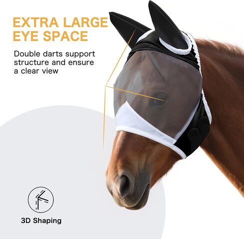Horse Fly Mask，Adjustable Fly Masks for Horses with Ears，Super Comfort Stretchy | Large Eye Space， Breathable Eye Protection Fly Masks UV Protective Horse Supplies (Black, Large) in Saudi Arabia