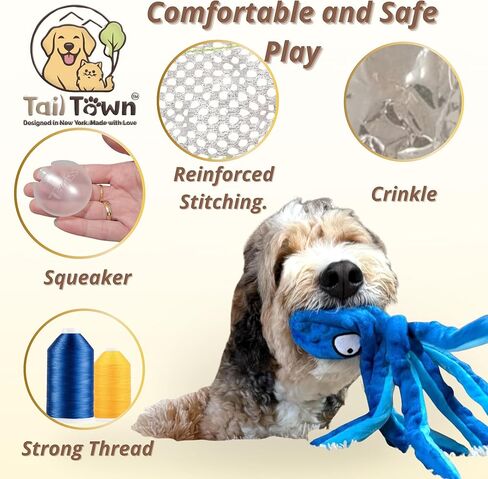 Octopus Dog Toy – Squeaky & Crinkle Plush – No Stuffing Toy for Small, Medium & Large Dogs – Interactive Pet-Safe Soft Toy for Tug, Fetch & Play – Blue– Tail Town in Saudi Arabia