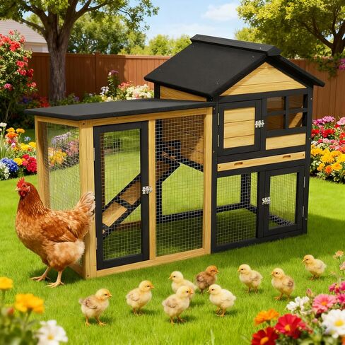 Chicken Coop, Chicken Run,Small Wooden Duck Coop Outdoor 2-Tier Hen House All Weather Used Poultry Quail Cage Rabbit Pet Hutch House with Ramp for Small Animals (Yellow Black) in Saudi Arabia