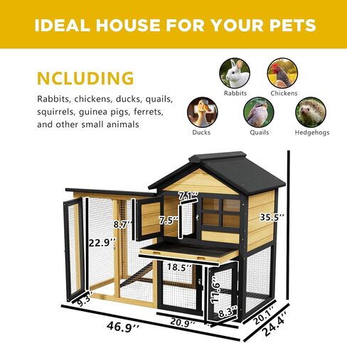 Chicken Coop, Chicken Run,Small Wooden Duck Coop Outdoor 2-Tier Hen House All Weather Used Poultry Quail Cage Rabbit Pet Hutch House with Ramp for Small Animals (Yellow Black) in Saudi Arabia
