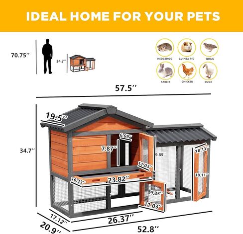 حظيرة الدجاج، تشغيل الدجاج، حظيرة البط الخشبية الصغيرة في الهواء الطلق، بيت الدجاجة بطبقتين، يستخدم في جميع الأحوال الجوية، قفص سمان الدواجن، بيت قفص أرنب للحيوانات الأليفة مع منحدر للحيوانات الصغيرة (أصفر أسود) in Kuwait