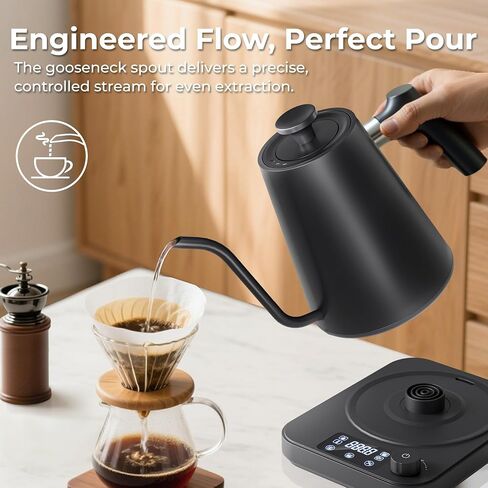 Gooseneck Electric Kettle, ±1°F Precision Control, Smart Altitude Adjustment, 24H Keep Warm, 30-Min Auto Memory, Food Grade Stainless Steel, Pour Over Kettle for Coffee and Tea, 1200W/1.0L in Saudi Arabia