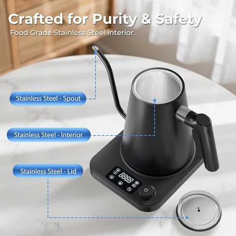 Gooseneck Electric Kettle, ±1°F Precision Control, Smart Altitude Adjustment, 24H Keep Warm, 30-Min Auto Memory, Food Grade Stainless Steel, Pour Over Kettle for Coffee and Tea, 1200W/1.0L in Saudi Arabia