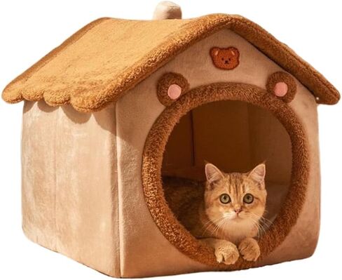 Cat Bed for Indoor Cats,Cozy Cat Cave Bed Cat House Cat Tent with Removable Cushion Pillow,Soft Warm Pet House Puppy Bed,Cute Bear Pet Nest for Cat Kitten Small Dogs (Brown, L-20.5x16.9x19.7 Inches) in Kuwait