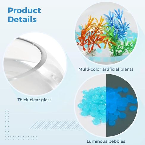مجموعة أوعية أسماك زجاجية، حوض أسماك زجاجي مستدير مع حصى مضيئة ونباتات صناعية وشبكة، حوض أسماك صغير مزهرية لديكور المنزل والمكتب (شفاف) in Kuwait